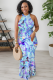 Light Blue Sexy Print Hollow Out O Neck Long Dresses