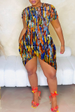 Blue Yellow Red Sexy Print Slit O Neck Irregular Dresses