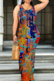 Blue Orange Casual Print Patchwork O Neck Long Dresses