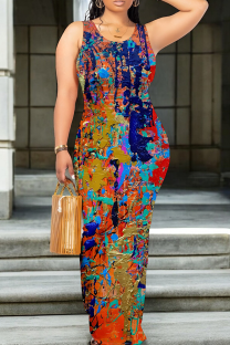 Blue Orange Casual Print Patchwork O Neck Long Dresses