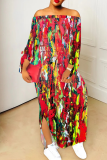 Multi-color Casual Print Slit Off Shoulder Long Dresses