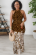 Brown Sexy Print Hollow Out O Neck Long Dresses