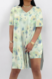 White Casual Print Slit V Neck Short Sleeve Two Pieces