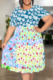 Multicolor Casual Print Patchwork O Neck Long Plus Size Dresses