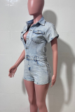Blue Casual Solid Color Pocket Buckle Turndown Collar Regular Rompers