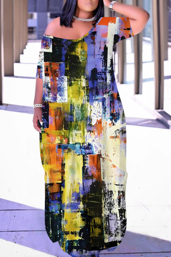Yellow Purple Casual Print Pocket Slit V Neck Long Dresses