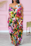 Yellow Purple Casual Print Pocket Slit V Neck Long Dresses