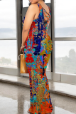 Blue Orange Casual Print Patchwork O Neck Long Dresses