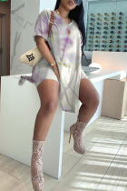 Beige Casual Print Slit V Neck Short Sleeve Two Pieces