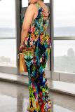 Blue Orange Casual Print Patchwork O Neck Long Dresses