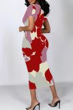 Coffee Casual Print Contrast O Neck Wrapped Skirt Dresses