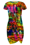 Blue Yellow Red Sexy Print Slit O Neck Irregular Dresses