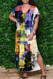 Yellow Purple Casual Print Pocket Slit V Neck Long Dresses