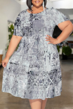 Multicolor Casual Print Patchwork O Neck Long Plus Size Dresses
