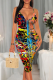Red Yellow Sexy Print Patchwork Spaghetti Strap Wrapped Skirt Dresses