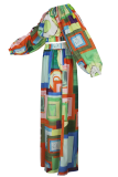 Colour Casual Print Patchwork Off Shoulder Plus Size Two Pieces