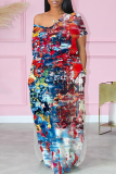 Yellow Purple Casual Print Pocket Slit V Neck Long Dresses