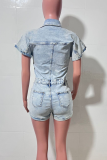 Blue Casual Solid Color Pocket Buckle Turndown Collar Regular Rompers