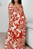 Green Casual Print Patchwork Off Shoulder Long Dresses