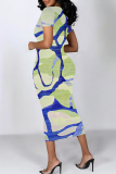 Coffee Casual Print Contrast O Neck Wrapped Skirt Dresses
