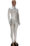 Grey Fashion Sexy adult Ma'am Letter Solid Two Piece Suits pencil Long Sleeve Two Pieces