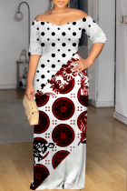 White Casual Print Patchwork Off Shoulder Long Dresses