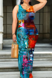 Blue Orange Casual Print Patchwork O Neck Long Dresses
