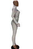 Grey Fashion Sexy adult Ma'am Letter Solid Two Piece Suits pencil Long Sleeve Two Pieces