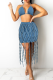 Light Blue Sexy Solid Color Fringed Trim Halter Sleeveless Two Pieces