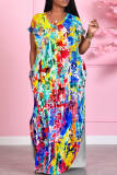 Yellow Purple Casual Print Pocket Slit V Neck Long Dresses