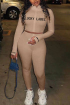 Khaki Fashion Sexy adult Ma'am Letter Solid Two Piece Suits pencil Long Sleeve Two Pieces