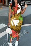 Coffee Casual Print Contrast O Neck Wrapped Skirt Dresses