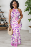 Powder White Casual Print Patchwork O Neck Long Dresses