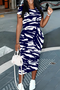 Blue White Casual Print Patchwork O Neck Wrapped Skirt Dresses