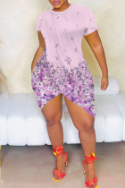 Pink Sexy Print Slit O Neck Irregular Dresses
