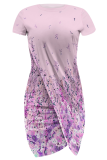 Pink Purple Sexy Print Slit O Neck Irregular Dresses