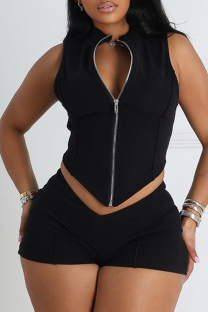 Black Sexy Solid Color Zipper Zipper Collar Sleeveless Two Pieces