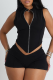 Black Sexy Solid Color Zipper Zipper Collar Sleeveless Two Pieces