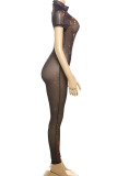 Pink Sexy Print Backless O Neck Skinny Jumpsuits