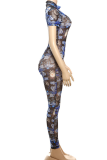 Pink Sexy Print Backless O Neck Skinny Jumpsuits