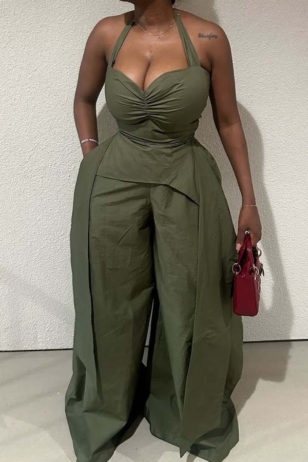 Army Green Casual Solid Color Backless Strap Design Halter Loose Jumpsuits