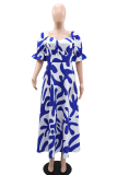 Blue Elegant Print Patchwork V Neck Long Dresses