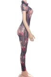 Pink Sexy Print Backless O Neck Skinny Jumpsuits