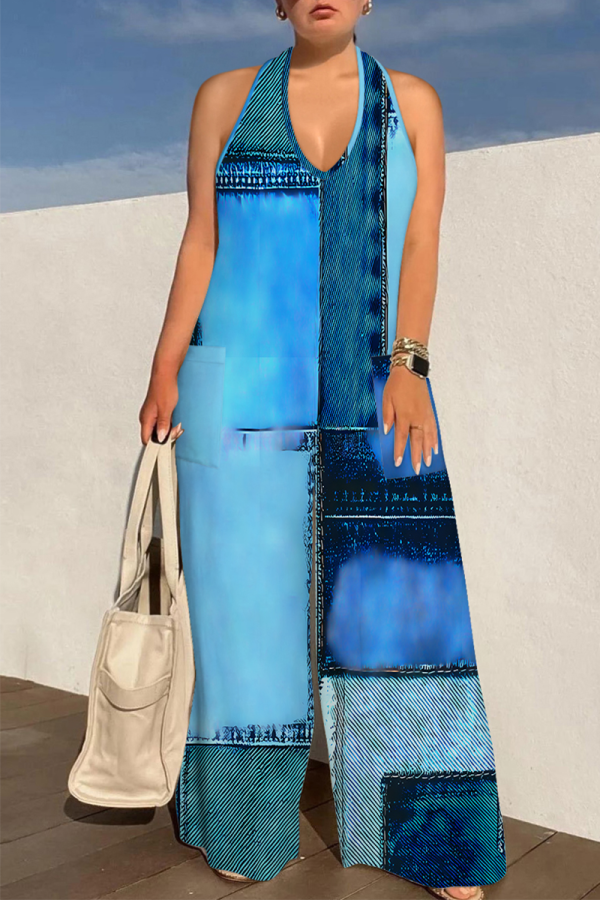 The cowboy blue Casual Print Backless Strap Design Halter Loose Jumpsuits