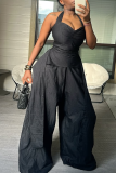 Black Casual Solid Color Backless Strap Design Halter Loose Jumpsuits