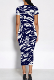 White Casual Print Patchwork O Neck Wrapped Skirt Dresses
