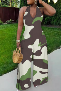 Camouflage Casual Print Backless Strap Design Halter Loose Jumpsuits