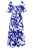 Blue Elegant Print Patchwork V Neck Long Dresses