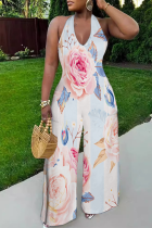 Light Blue Casual Print Backless Strap Design Halter Loose Jumpsuits