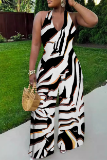 Zebra Casual Print Backless Strap Design Halter Loose Jumpsuits
